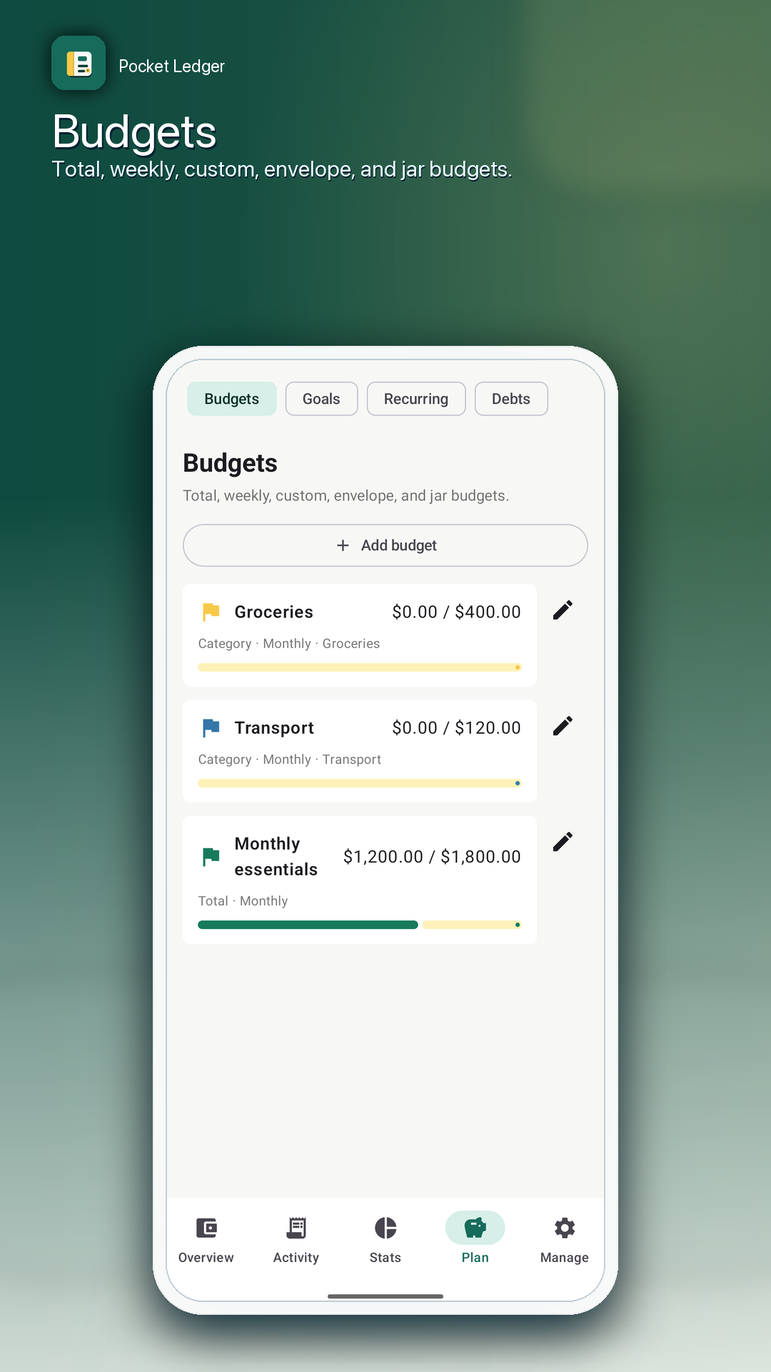 Pocket Ledger budgets screen